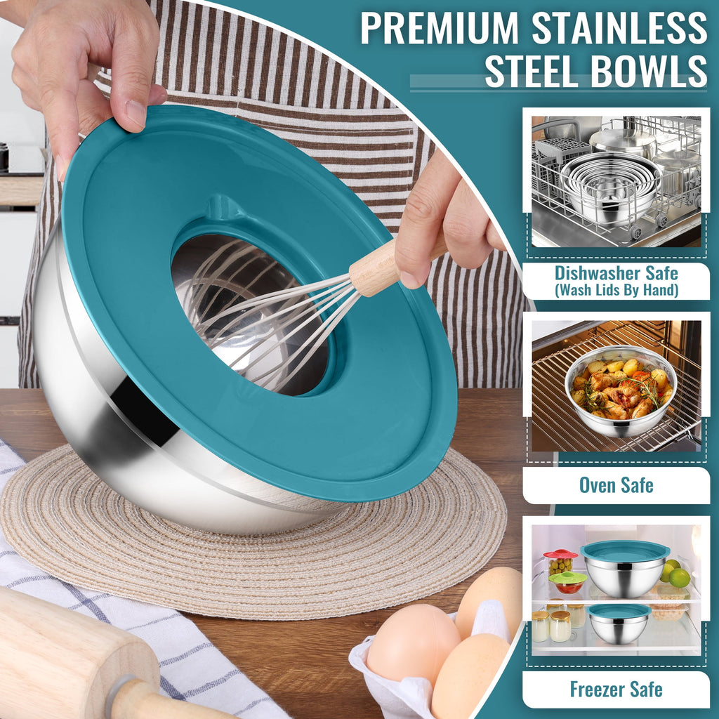Mixing Bowls with Lids Set of 9, Vesteel Stainless Steel Mixing Bowls Metal Nesting Salad Bowls Attach with 3 Graters for Kitchen Grating/ Shredding, Size 4.6, 2.6, 2, 1.5, 1, 0.7 QT - Multi-Color