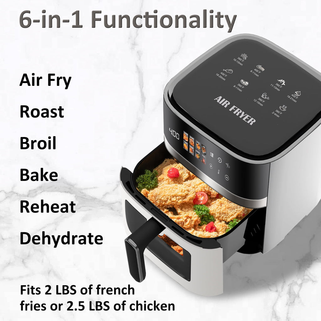Bluebow 6QT Air Fryer, 8-in-1 Electric Hot Oven with Digital LED Touchscreen, Visible Window, 1500W, New, Black