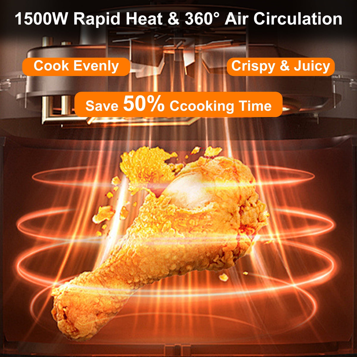 Bluebow 6QT Air Fryer, 8-in-1 Electric Hot Oven with Digital LED Touchscreen, Visible Window, 1500W, New, Black
