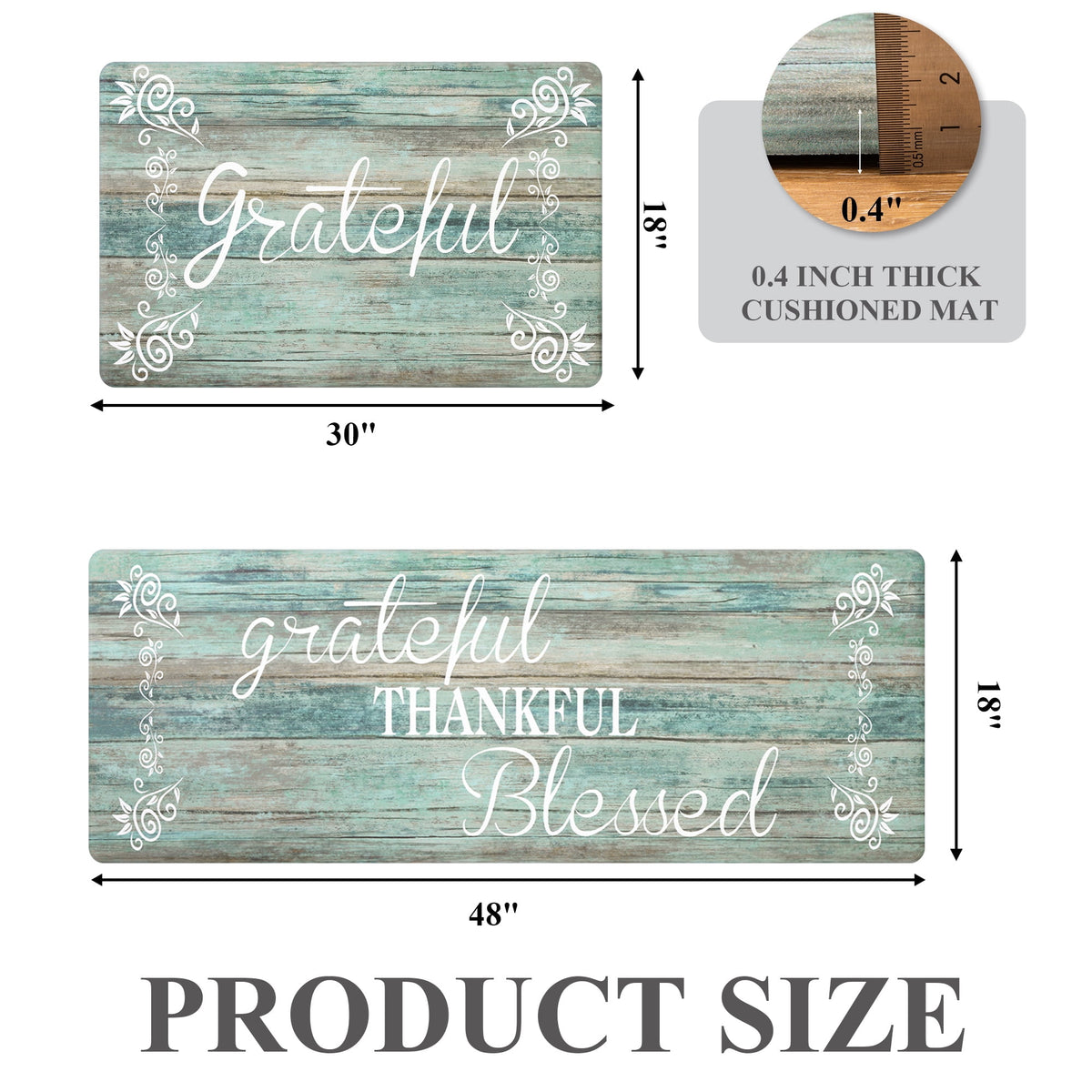 MeyJey Farmhouse Kitchen Rug Set of 2, Non-Slip Anti-Fatigue Waterproof Cushioned Mat for Kitchen, Dining & Laundry Room, 18"x30"+18"x48" Teal/Brown