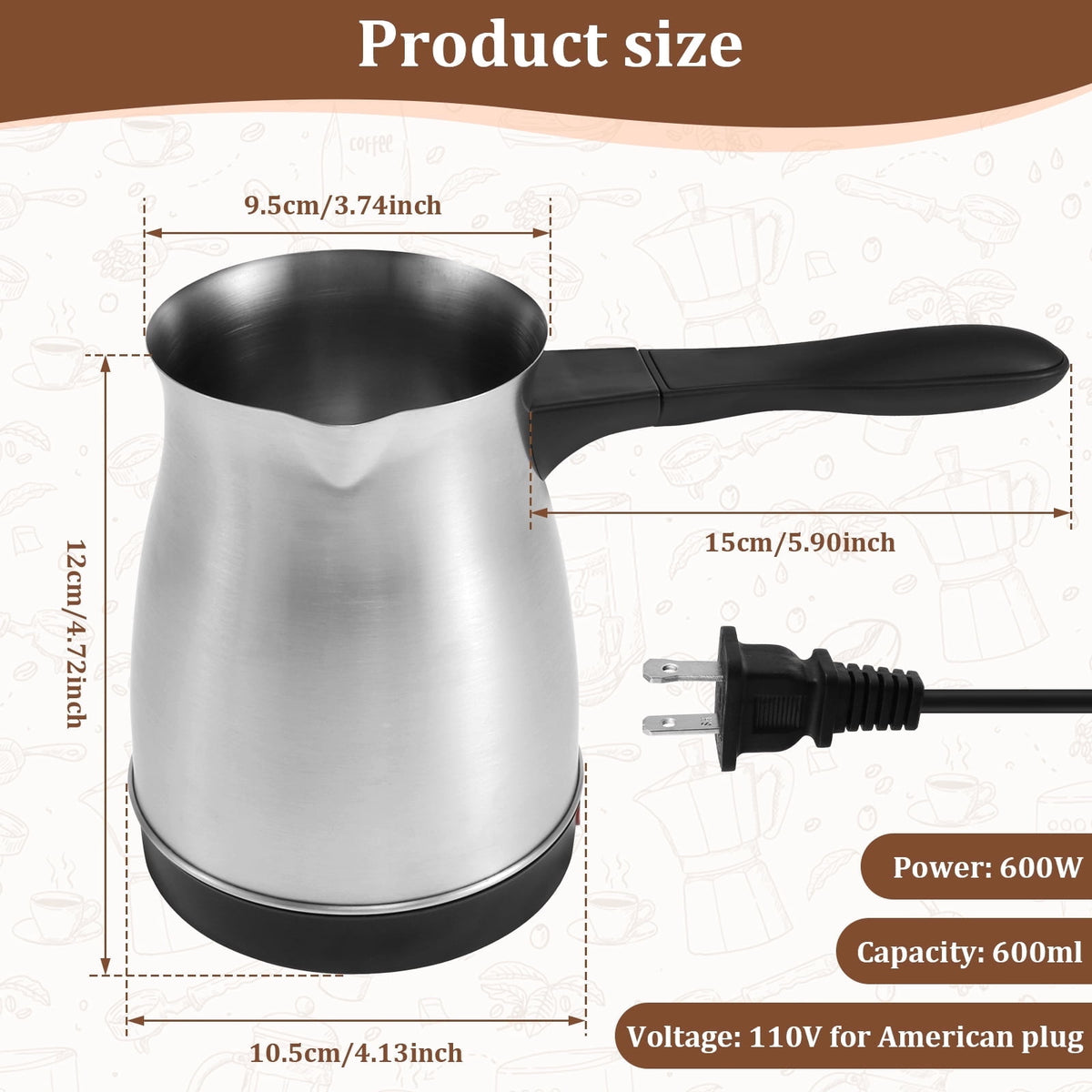 FUYGRCJ Turkish Coffee Maker, 600ml Stainless Steel Electric Turkish Coffee Machine, 5 to 6 Cups Capacity Greek Coffee Machine with Ergonomic Handle, Enduring Fast Heating 110V Turkish Coffee Maker