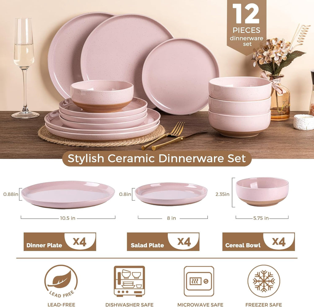 AmorArc Ceramic Dinnerware Sets for 4, 12 Pieces Handpainted Plates and Bowls Set with Rustic Terracotta Underside, Scratch Resistant Stoneware Dishes Set, Dishwasher & Microwave Safe,Light Beige