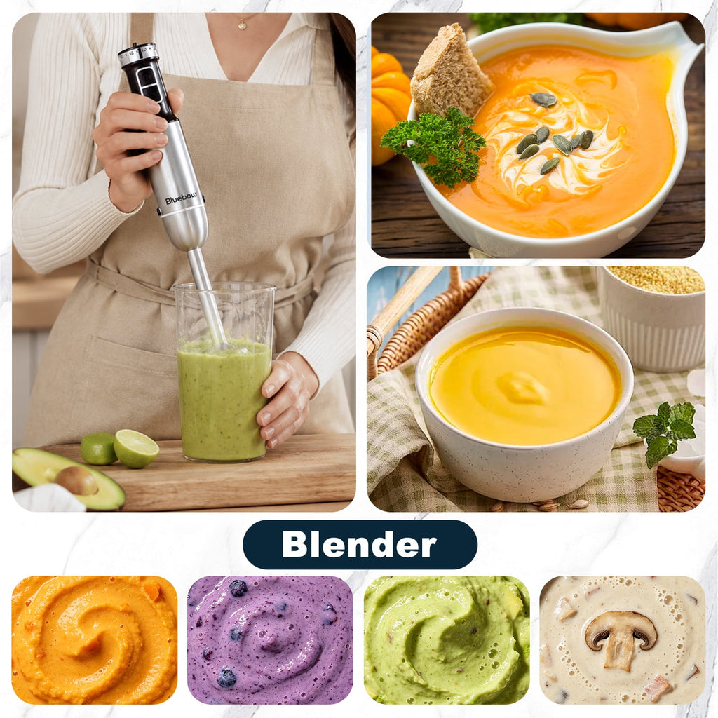 Bluebow Immersion Blender Handheld, 1100W 25 Speed 5-in-1 Stainless Steel Hand Blender with Turbo Mode, Scratch-Resistant Stick Blender for Kitchen Use, Purees Soups Smoothies, Black