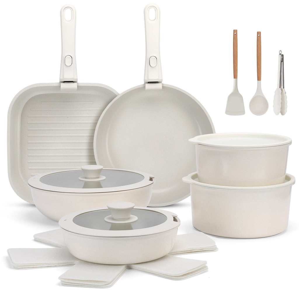 20 Piece Ceramic Pots and Pans Set Non Stick, Cookware Set with Detachable Handles, Oven Safe, Induction Ready, Stackable RV Kitchen Cooking Set, Cream White