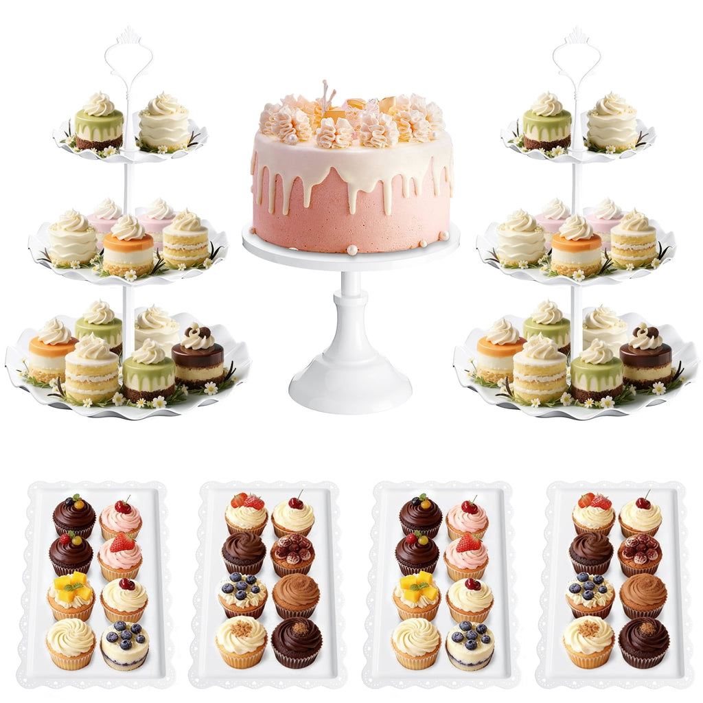 TINANA 7-Piece Dessert Stand Set, 3-Tier Cupcake Stands, Plastic Cake Stand and Serving Trays for Wedding Party Baby Shower