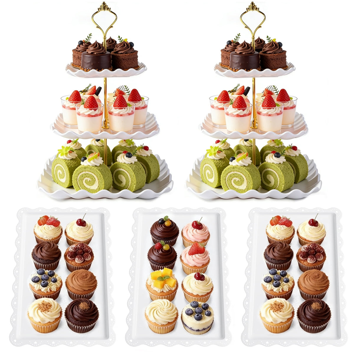 TINANA 5 Pack Dessert Table Display Set, 3-Tier Cupcake Stands & 3 Rectangular Serving Trays, White Plastic Cupcake Tower for Birthday, Baby Shower & Wedding