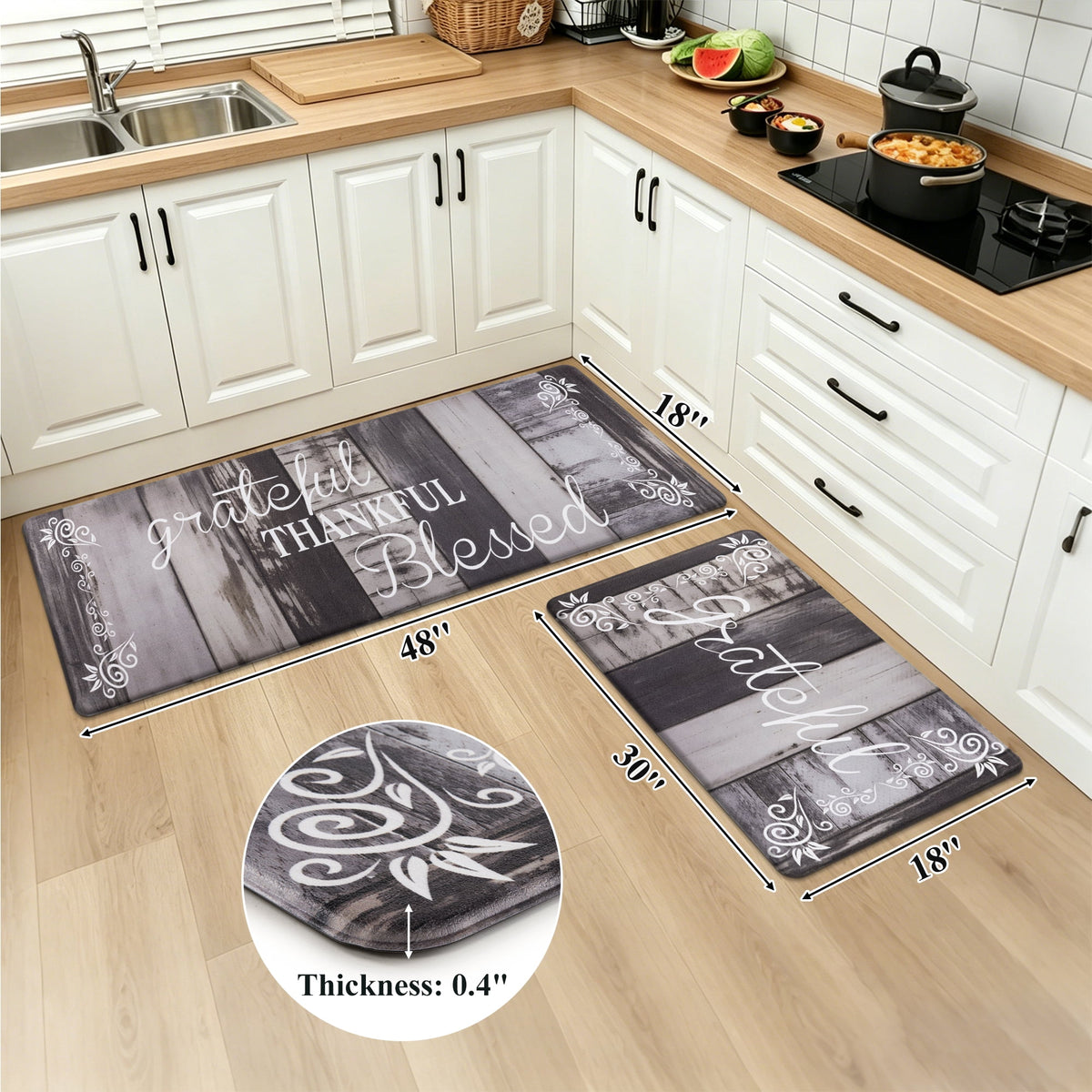 MeyJey Farmhouse Kitchen Rug Set of 2, Non-Slip Anti-Fatigue Waterproof Cushioned Mat for Kitchen, Dining & Laundry Room, 18"x30"+18"x48" Teal/Brown