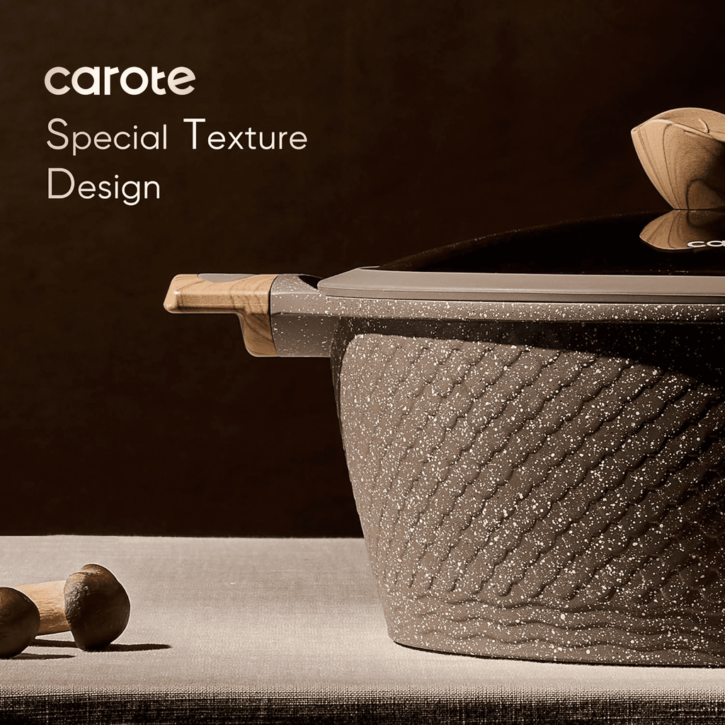 Carote 18-Piece Nonstick Pots and Pans, Granite Cookware Set with Kitchen Utensils, Brown