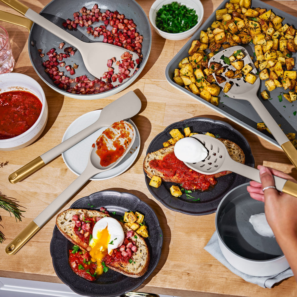 Beautiful 6-Piece Silicone Kitchen Tool Set with Ceramic Crock, Chocolate by Drew Barrymore
