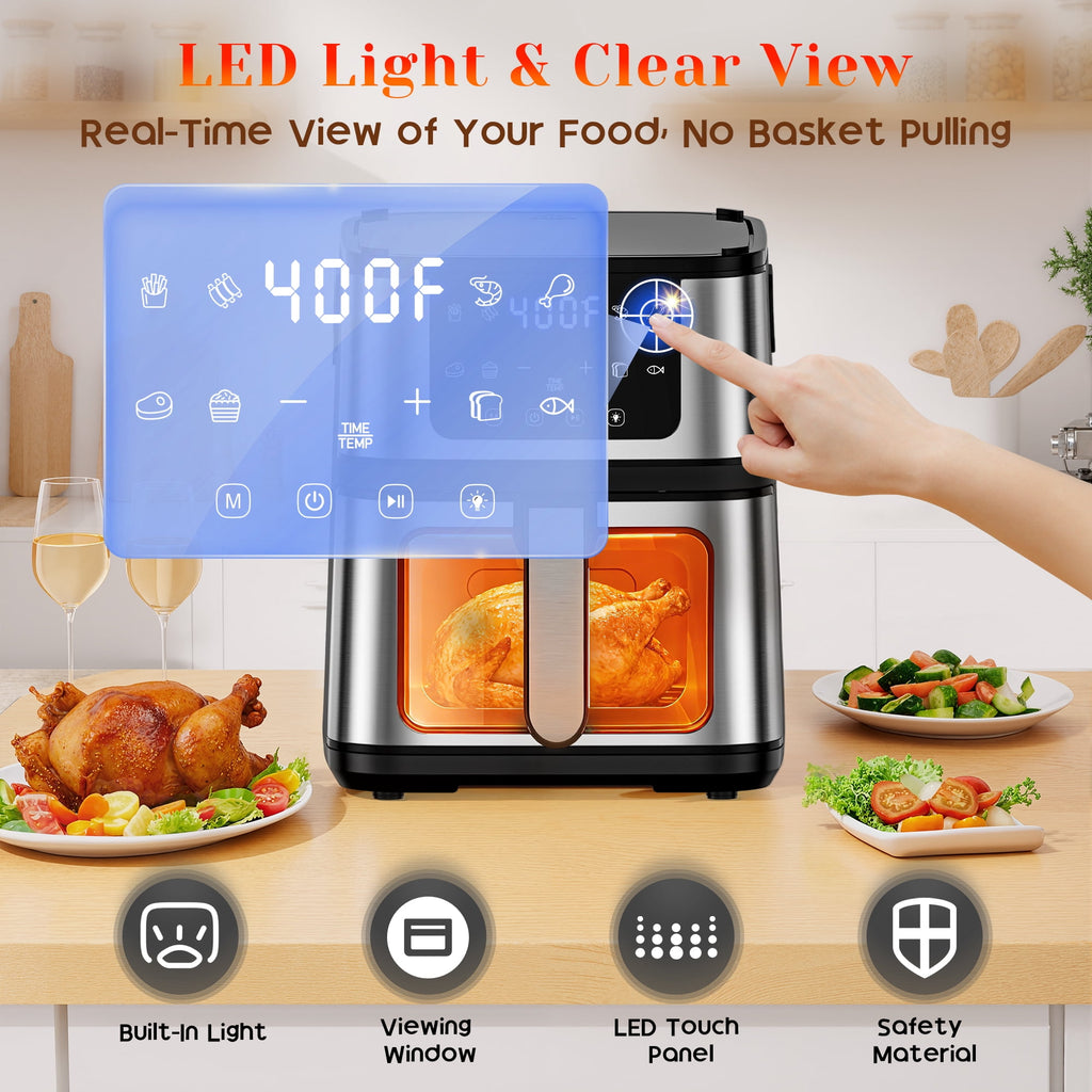 2-in-1 Air Fryer Grill Combo with Flip Plate, Viewing Window, 8 Presets, Nonstick Basket, 100 Liners Gift, Healthy Oil-Less Cooking for Family Meals