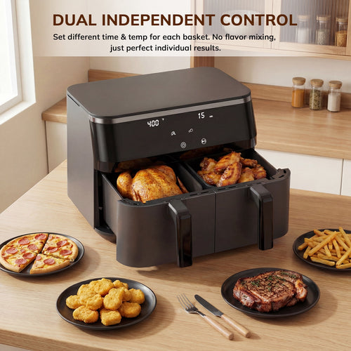 10QT Dual Basket Air Fryer with Digital LED Touchscreen, 12 Presets, Independent Dual Controls, Sync Finish, 1700W, 140-400°F, Black