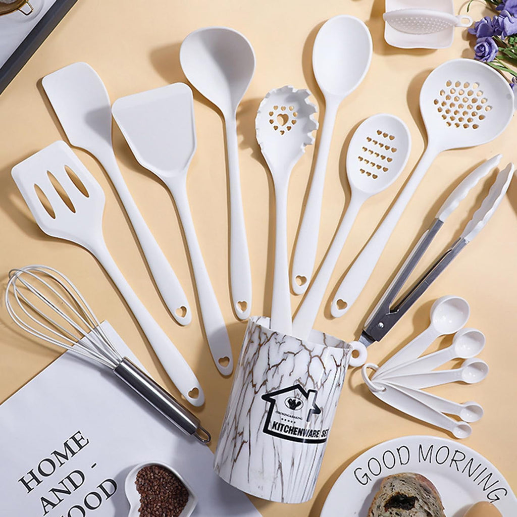 18PCS Silicone Cooking Utensils Set - 446°F Heat Resistant Kitchen Utensils,Turner Tongs,Spatula,Spoon,Brush,Whisk,Kitchen Utensil Gadgets Tools Set for Nonstick Cookware,Dishwasher Safe - Black