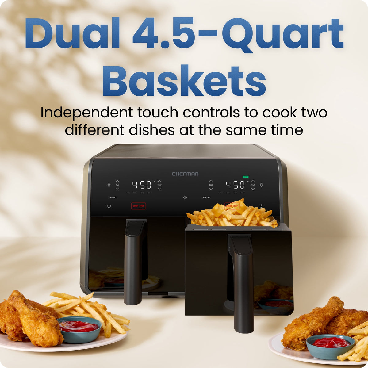 Chefman 9-Quart TurboFry Dual Basket Easy-View Air Fryer, 450°F Max Temp - Black
