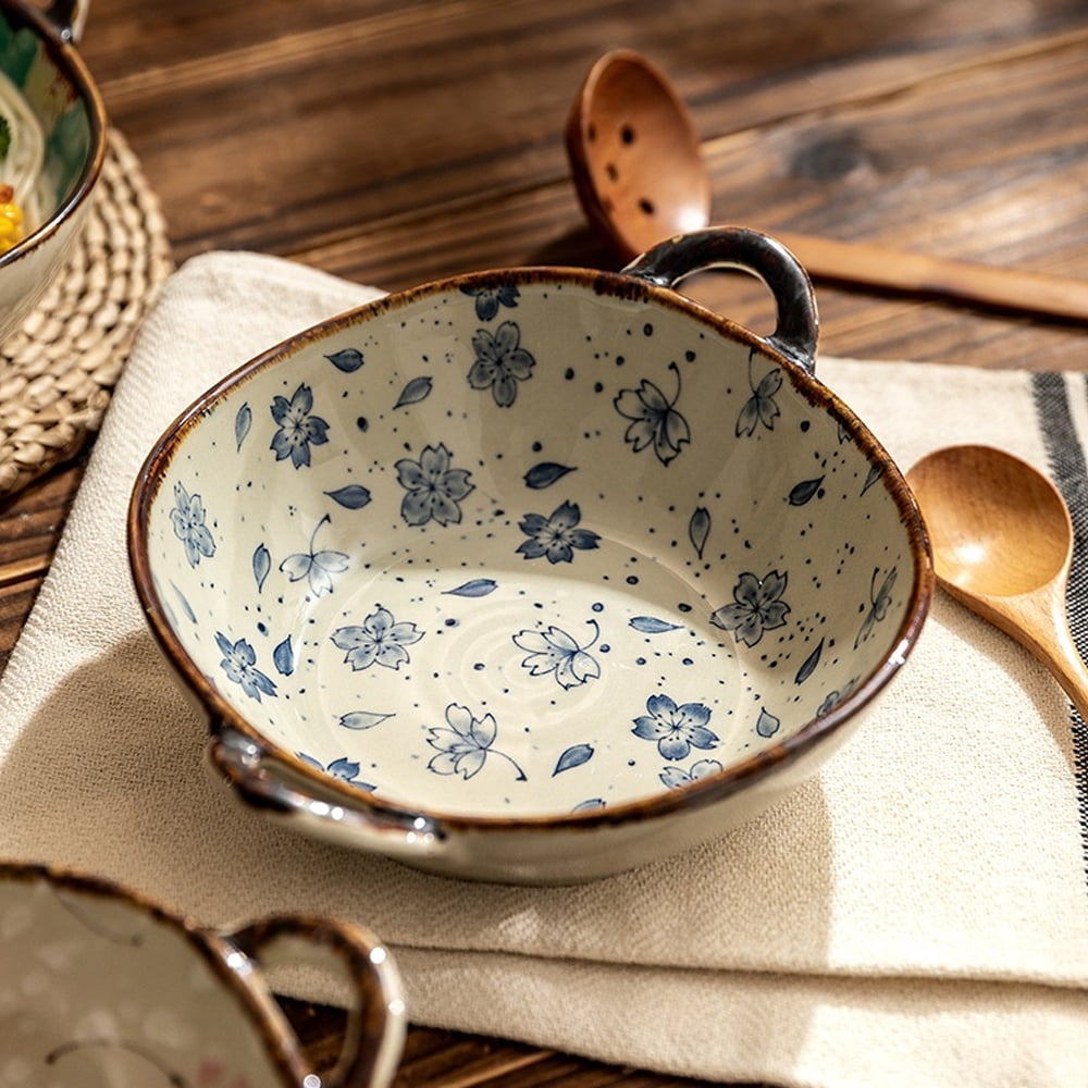 MYVIT Decorative Serving Bowl - 24oz Ceramic Soup Bowl with Handle Ramen Bowl for Salad,Pasta,Cereal,700ML Porcelain Stoneware Kitchen Dish