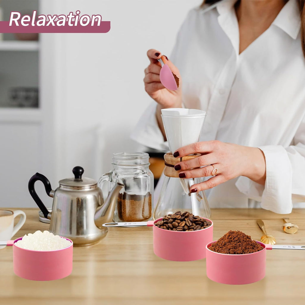 8Pcs Measuring Cups Set Measuring Spoons Set, Nesting Measure Cups with Stainless Steel Handle, For Measuring Dry and Liquid Ingredients Small Teaspoon with Plastic Head (Pink)