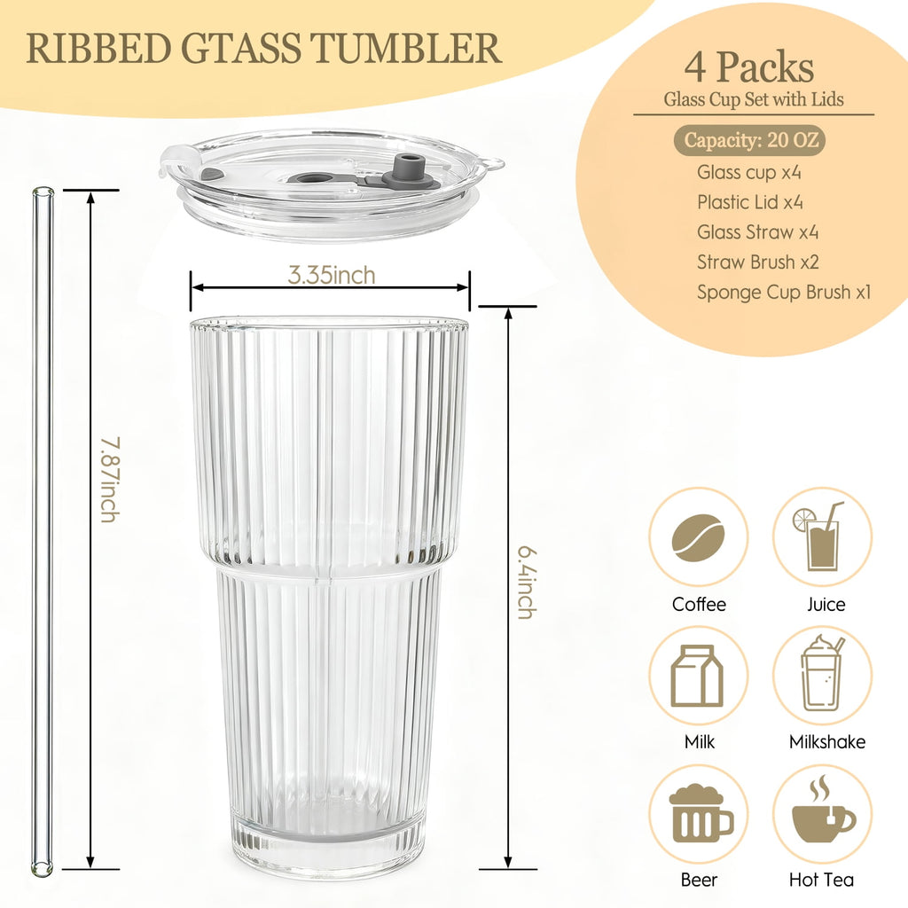 TAIMASI 4-Pack Ribbed Glass Tumblers with Lids, Straws and Cleaning Brush, 20oz Leakproof for Iced Coffee，Cocktails, Juice