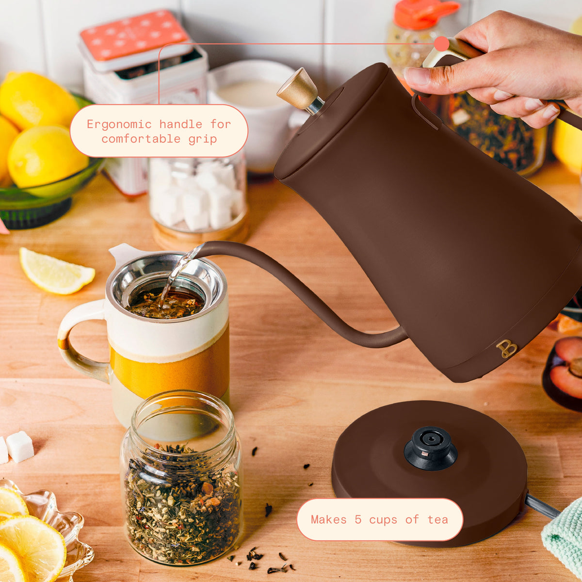 Beautiful 1-Liter Electric Gooseneck Kettle 1200 W, Chocolate by Drew Barrymore