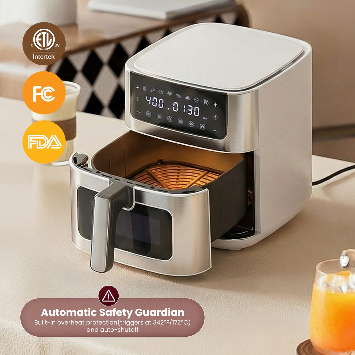 EDX 6QT Stainless Steel Air Fryer with Digital Touchscreen, 1500W, 8 Presets, Dishwasher Safe Basket, 90 Min Timer, 24H Delay Start, Gray