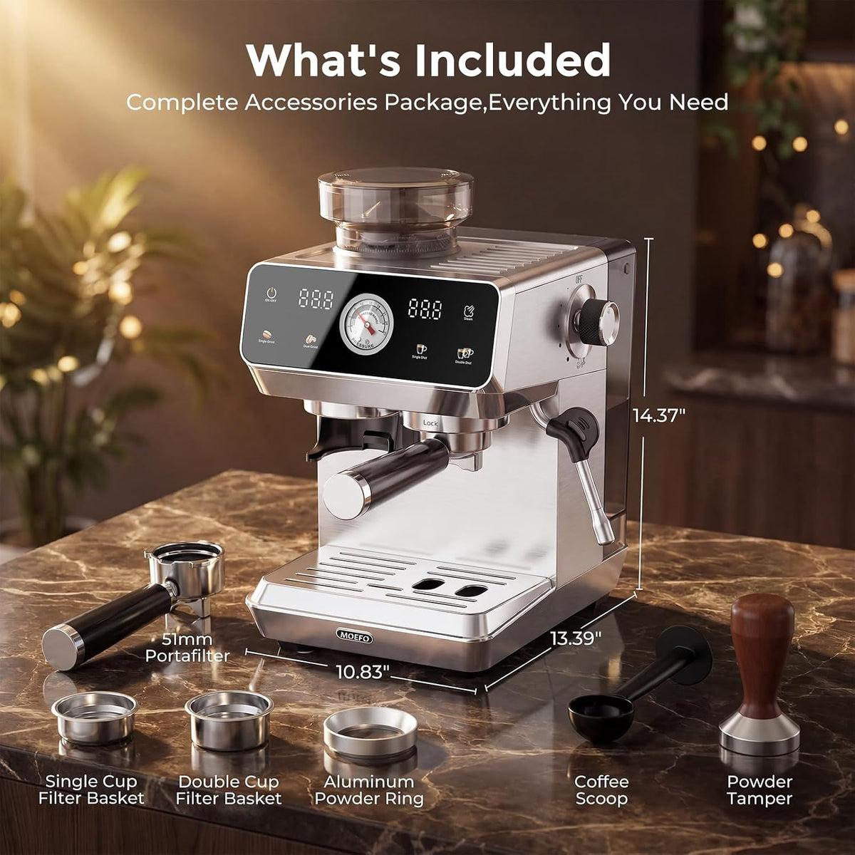 MOEFO Espresso Machine with Grinder, 20 Bar Programmable Semi-Automatic Coffee Maker, Visual Pressure Gauge & Touchscreen, Compact Design with 44-Grind Settings, Make Americano, Latte
