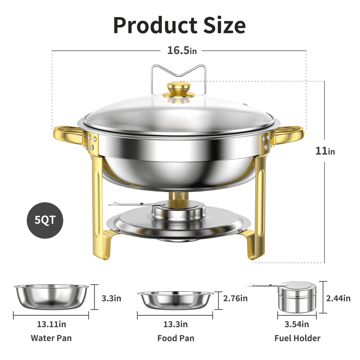 Chafing Dish Buffet Set 4 Pack: TINANA 5QT Stainless Steel Chafing Dishes for Buffet with Glass Lid & Lid Holder, Round Chafers and Buffet Warmers Sets for Parties, Events, Wedding, Camping, Dinner