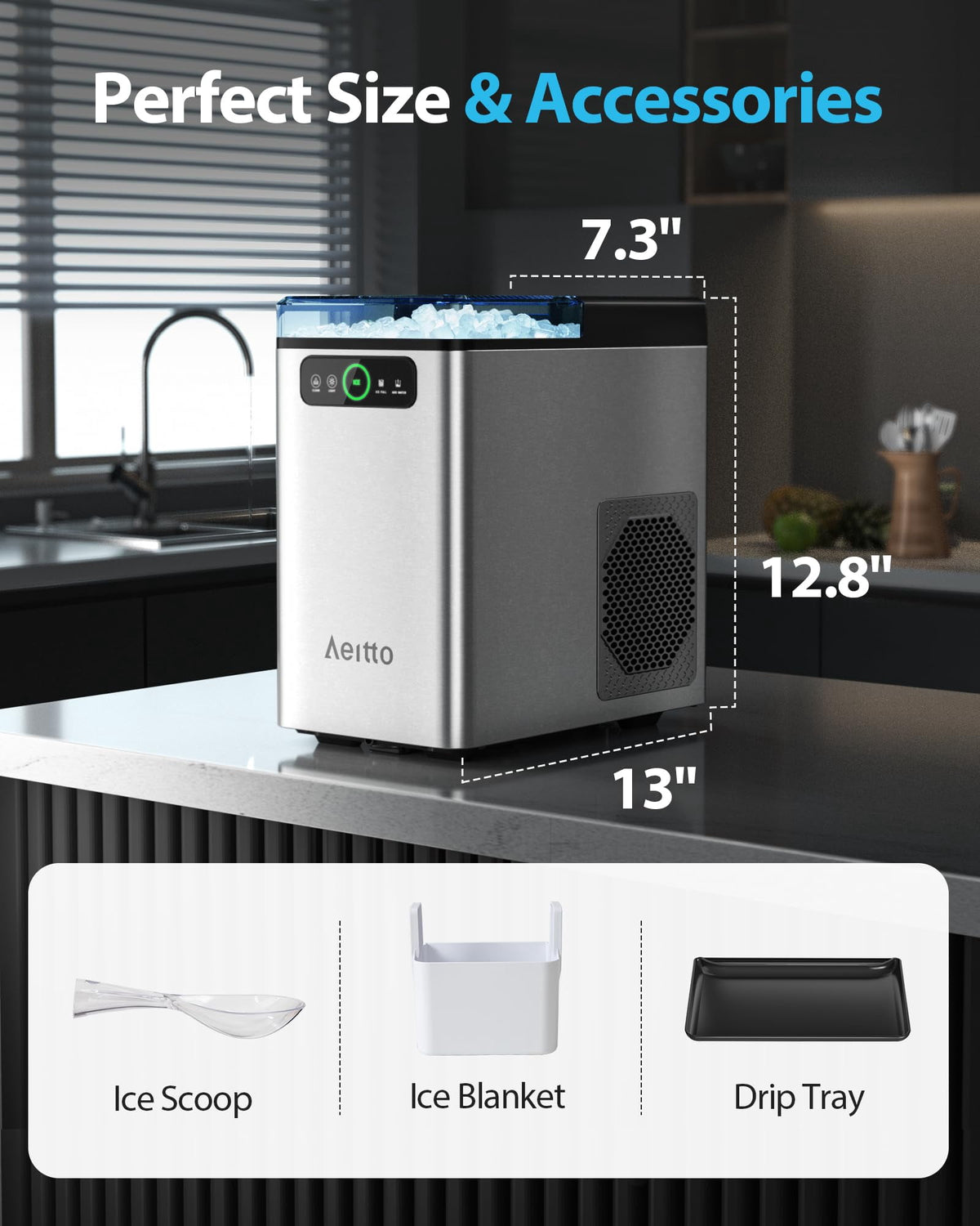 Aeitto Nugget Ice Maker Countertop, Pellet Ice Machine Soft Chewable Ice 40lbs/Day, One-Click Operation, Auto Self-Cleaning Crushed Ice Makers Stainless with Scoop for Home/Kitchen/Office Black