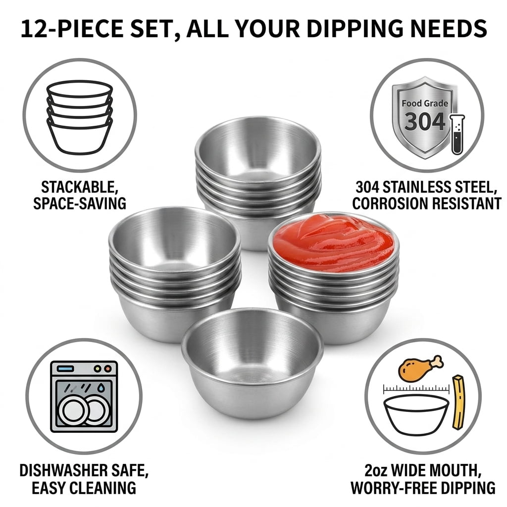 12Pcs 1.5oz Stainless Steel Dipping Sauce Cups, Reusable Metal Ramekins for Condiments & Portion Control, Stackable Mini Bowls for Meal Prep & Ketchup