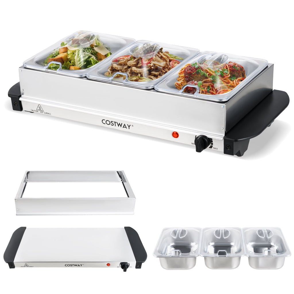 Costway Electric Buffet Server Food Warmer with 3 Removable Trays Adjustable Tempered