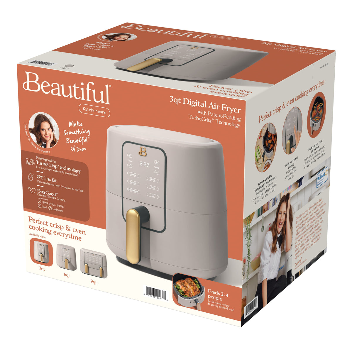 Beautiful 3 Qt Air Fryer with TurboCrisp Technology, EverGood Non-Toxic Ceramic Nonstick Coating, Chocolate by Drew Barrymore
