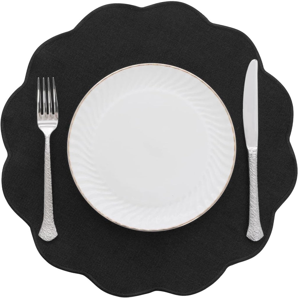 Ileading Scalloped Round Placemats Set of 6 Polyester Linen Blend Washable Non Slip Place Mats Easy Clean Heat Resistant Table Mats for Kitchen Dining Table Decor