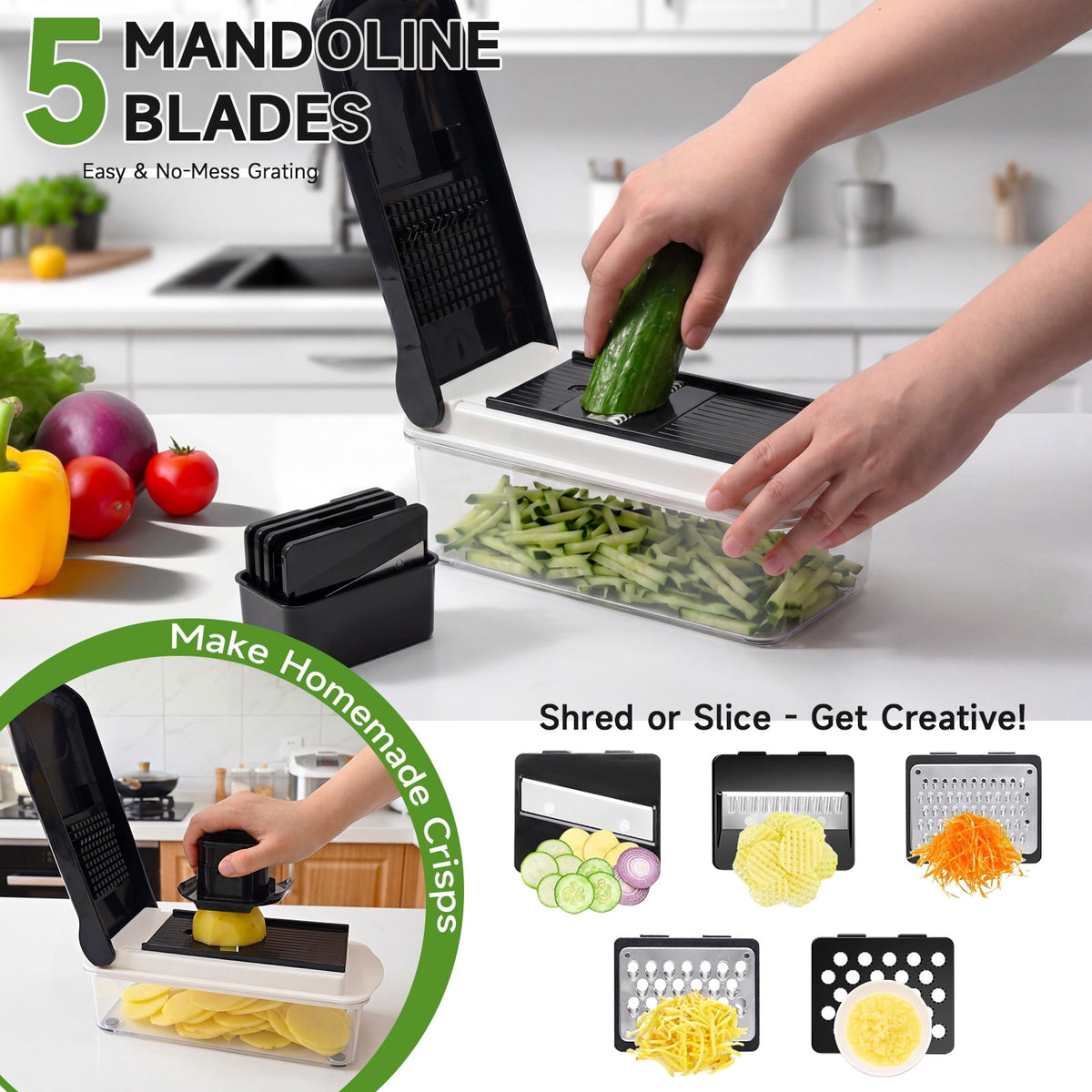 Honhorrs Vegetable Chopper Mandoline Slicer with Container, Food Veggie Chopper, Cheese Grater, Onion Vegetable Cutter for Kitchen Gadgets & Gifts, Home Essentials (9-in-1, Black)