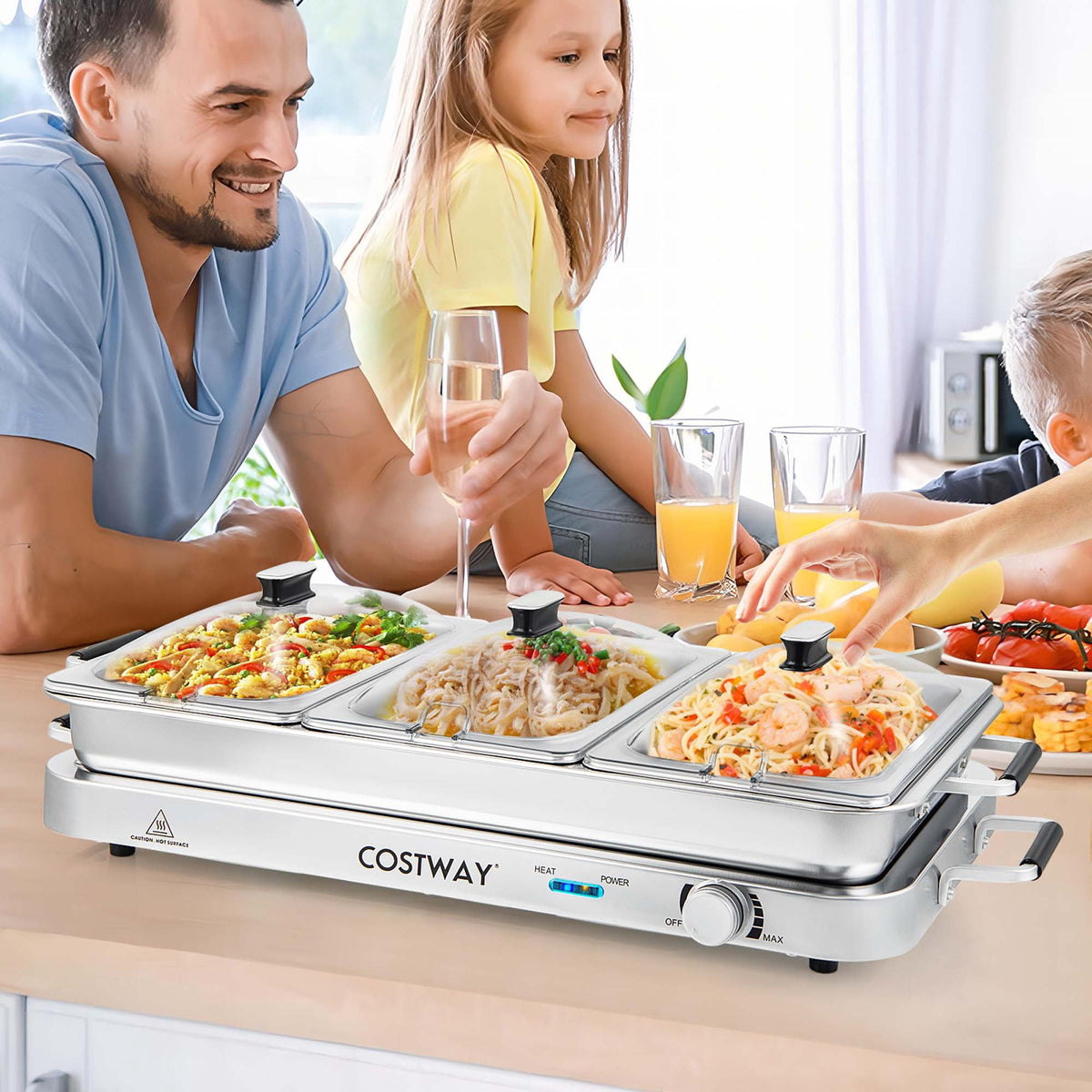 Costway Electric Buffet Server Food Warmer with 3 Removable Trays Adjustable Tempered