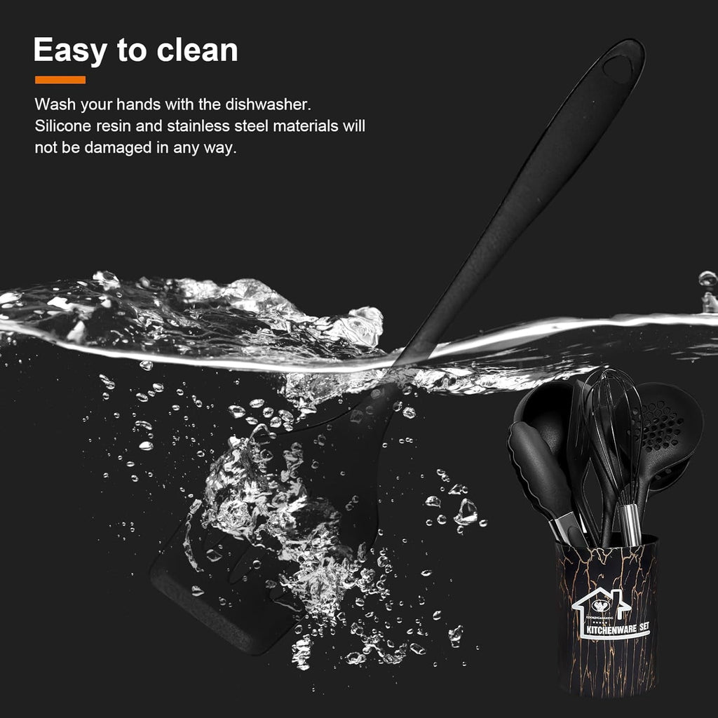 18PCS Silicone Cooking Utensils Set - 446°F Heat Resistant Kitchen Utensils,Turner Tongs,Spatula,Spoon,Brush,Whisk,Kitchen Utensil Gadgets Tools Set for Nonstick Cookware,Dishwasher Safe - Black
