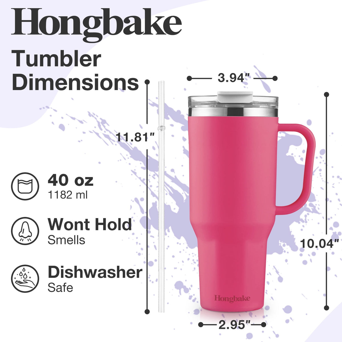 HONGBAKE 40 oz Tumbler with Handle and Straw Lid, Insulated Stainless Steel Tumbler, Travel Mug Fits Cup Holder, Dusty Lavender