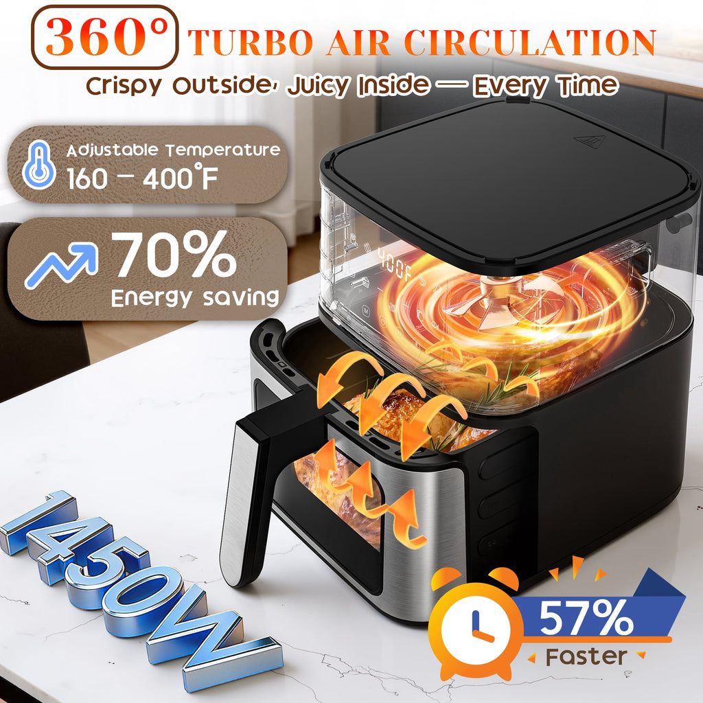 7.5QT 10-in-1 Air Fryer Oven with Grill Plate, LCD Digital Control, Clear-View Window, Air Fryer for Roasting, Baking, Reheating Healthy Meals, Nonstick Basket Air Fryer