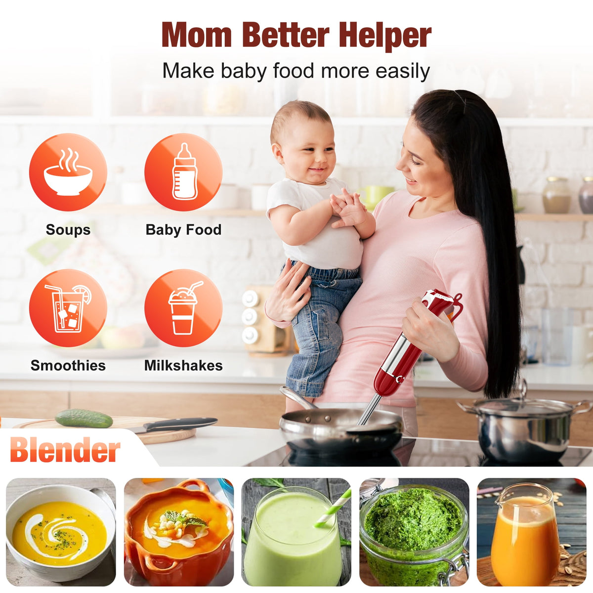 Immersion Blender, 1100W Immersion Blender Handheld with 21 Speeds & Turbo Boost – 3-in-1 Hand Blender for Purees, Baby Food, Milkshakes, Soups & Smoothies