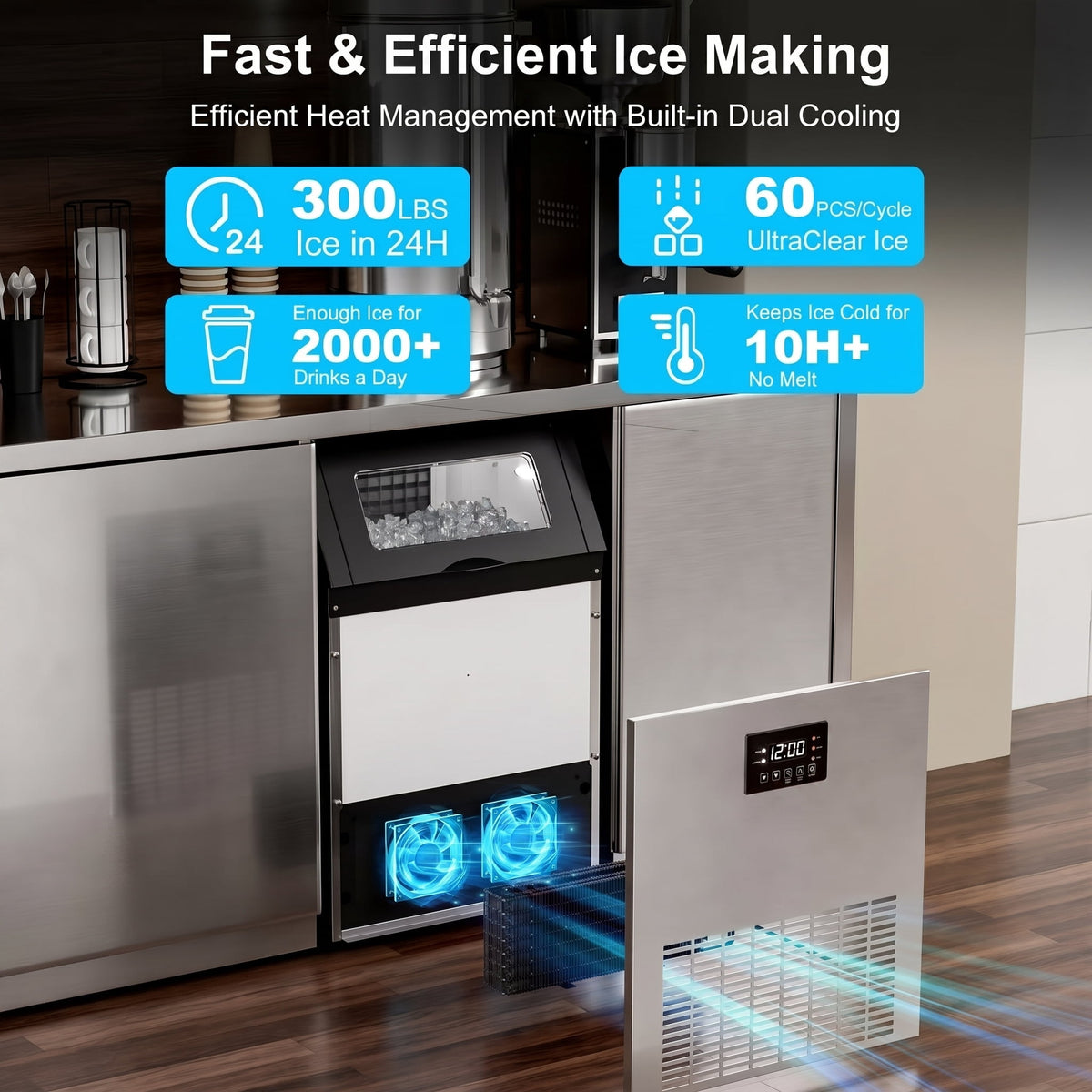 RIOXC Commercial Ice Maker 300LBS/24H, 20" Under Counter Ice Machine with 33LBS Storage Bin for Restaurants/Bars, ETL