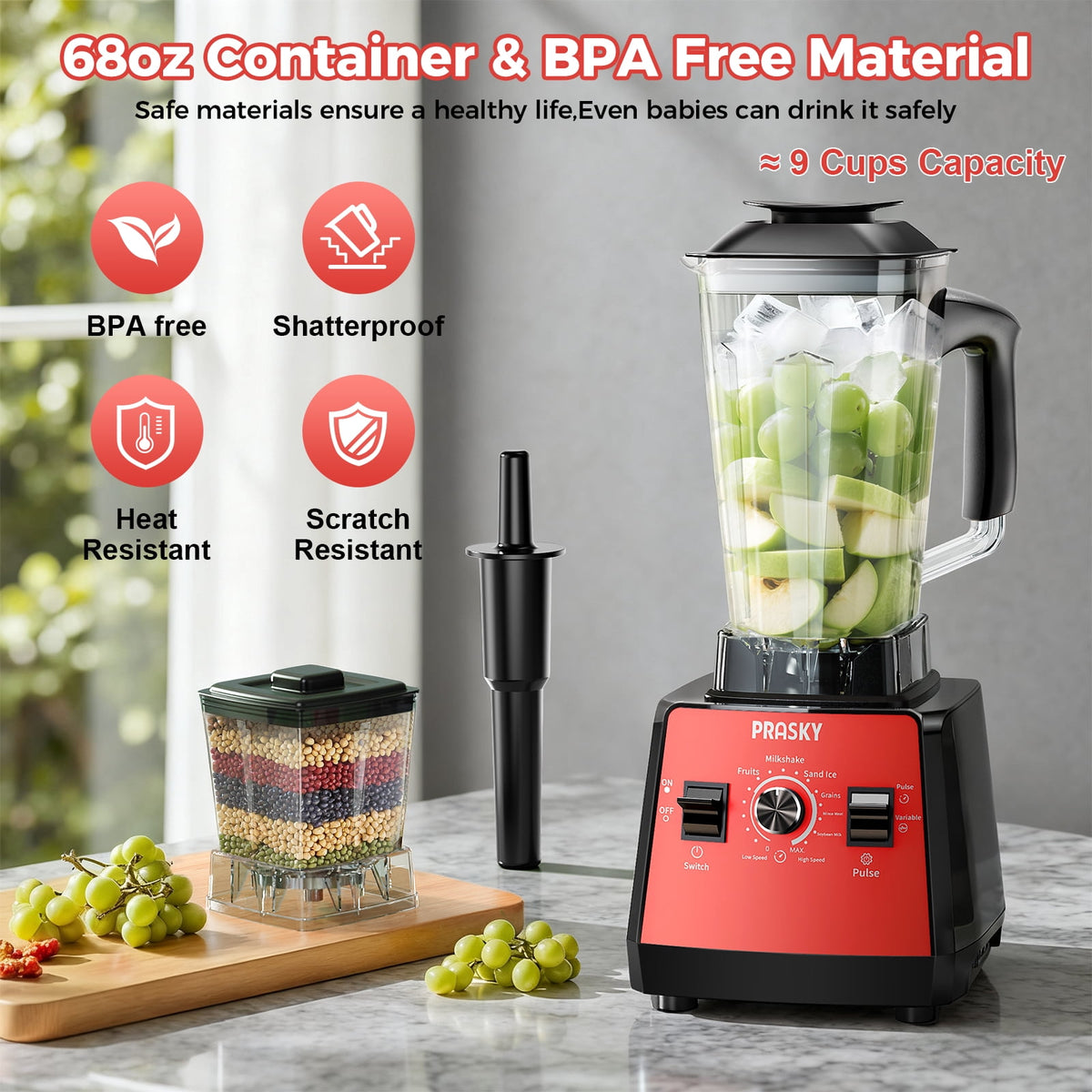 PRASKY Countertop Blender, 2-in-1 Professional Blender, 68oz Capacity 1000W 6 Speeds Blender for Kitchen with 25oz to-go Cup (Black)