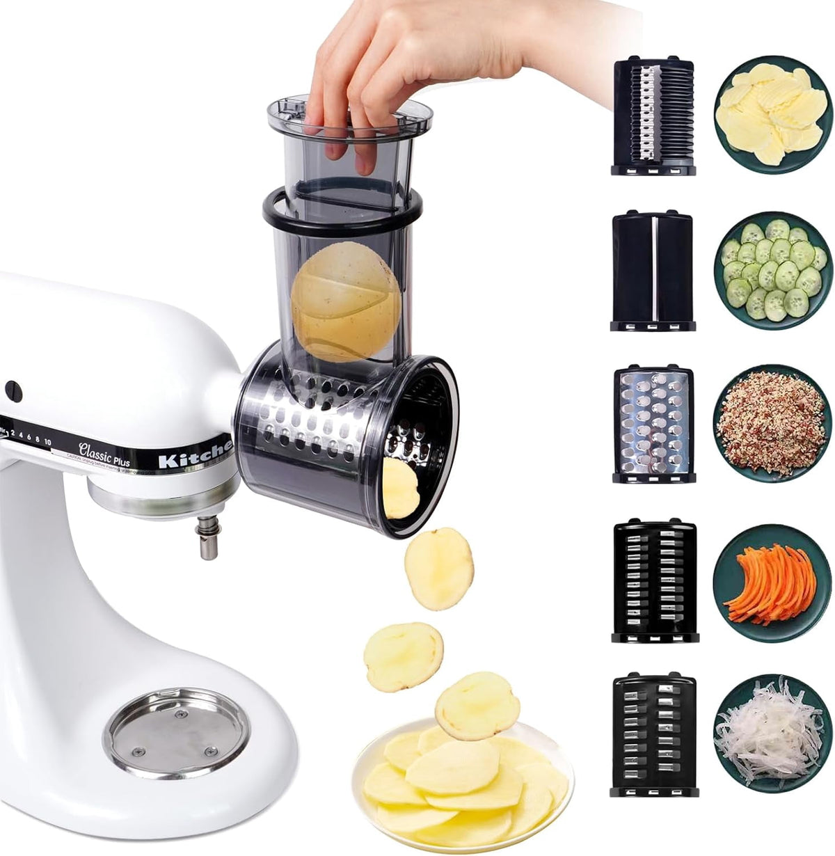 PQPO Stainless Steel Slicer Shredder Grater with 4 Blades, Compatible with KitchenAid Stand Mixer, Cheese Grater