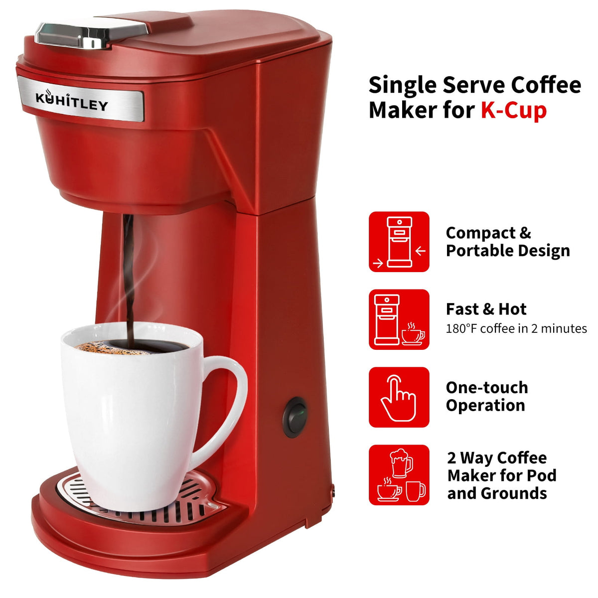 2 in 1 Single Serve Coffee Maker for K Cup Pods & Ground Coffee, Mini K Cup Coffee Machine with 6 to 14 oz Brew Sizes, Single Cup Coffee Brewer with One-Press Fast Brewing, Reusable Filters,Black