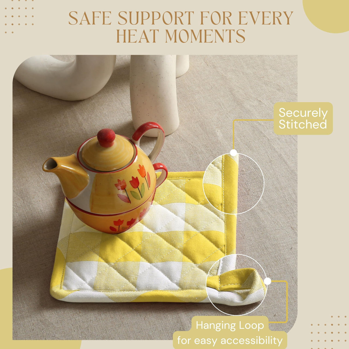 Softopia Cotton Buffalo Plaid Check Oven Mitts and Pot Holders Set, 100% Cotton, Heat Resistant, 2 Oven Gloves 7x13 Inches and 2 Hot Pads 8x8 Inches for Cooking and Baking, Lemon Yellow White