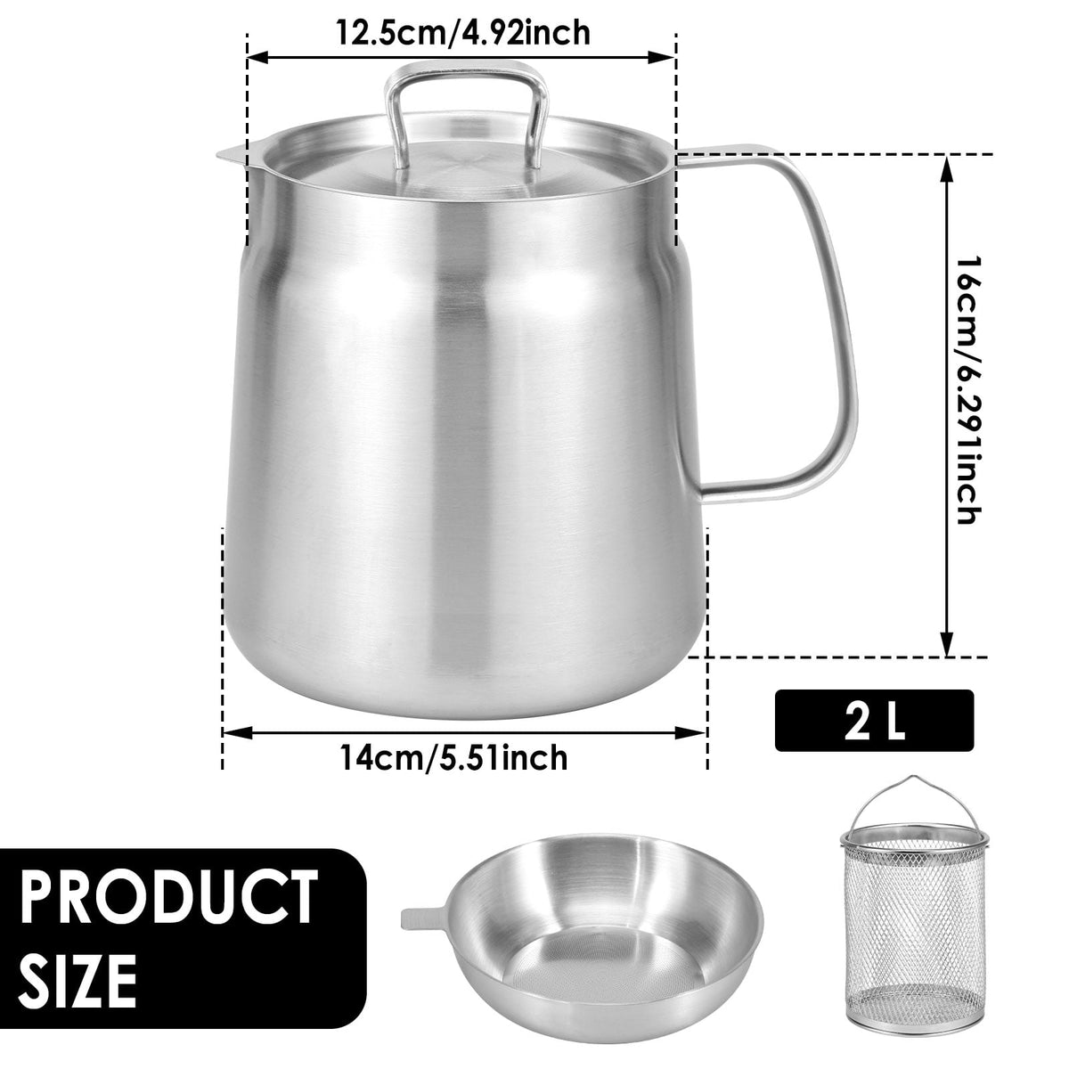 68oz Oil Strainer Pot 304 Stainless Steel Oil Grease Container Can with Filter Lid and Frying Basket Oil Container Can for Storing Frying Cooking Grease