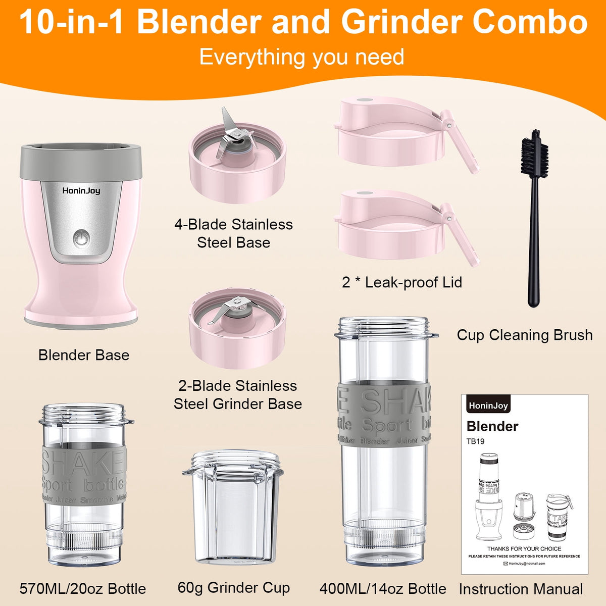 HoninJoy Portable Blender, Compact Personal Blender for-Smoothies, Shakes, Food Prep, and Frozen Blending, 20-oz. Cups and Spout Lids, Grinding Cup