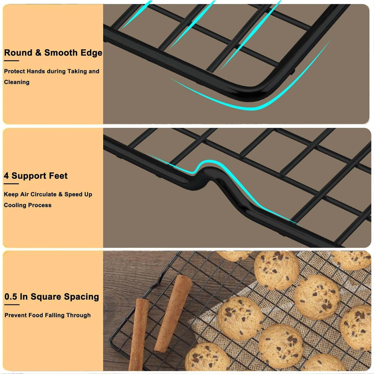 Mirdinner 3P Cooling Rack for Baking, 15.8"×9.8" Stainless Steel Baking Rack, Oven Safe Black Roasting Rack & Wire Rack & Cookie Cooling Rack for Cooking, Roasting, Grilling, Drying