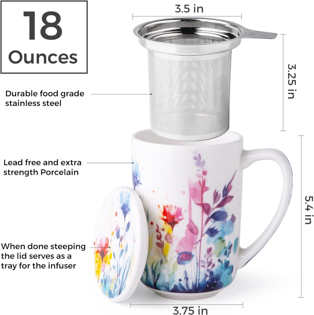 AmorArc Porcelain Tea Mug with Infuser and Lids, 18 Oz Cup Strainer Bag Holder for Loose Leaf Tea, Steeping Coffee Well-wrapped Box House-warming Wedding Birthday Gift, YelloRed