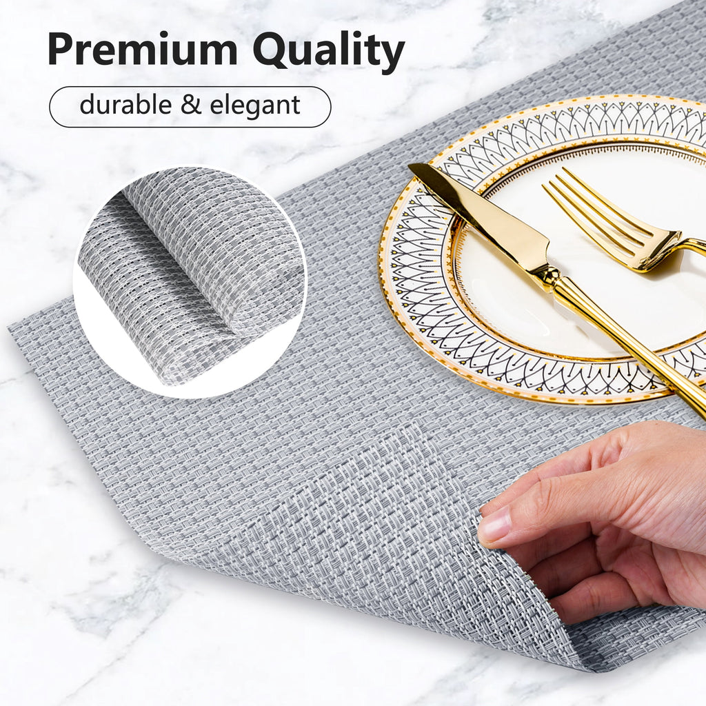 VCVCOO Navy Blue Placemats Set of 4 - Easy Clean Washable PVC Vinyl Placemats - Wipeable Heat Resistant Woven Table Mats for Dining Table - 12x18 inch