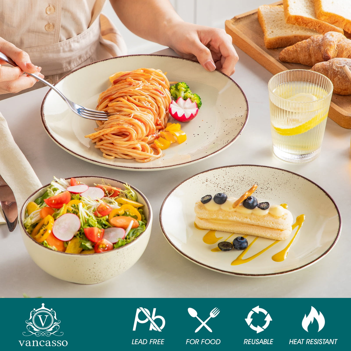 Malacasa 12 Pcs Dinnerware Sets, Ceramic Plates and Bowls Set for 4 with Reactive Glaze & Speckled Finish, Dish Sets, Dishwasher & Microwave Safe, Light Colors
