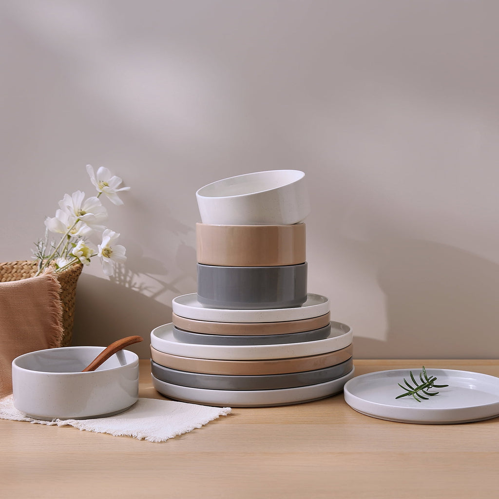 Famiware 12-Piece Stoneware Dinnerware Set with Plates & Bowls for 4, White