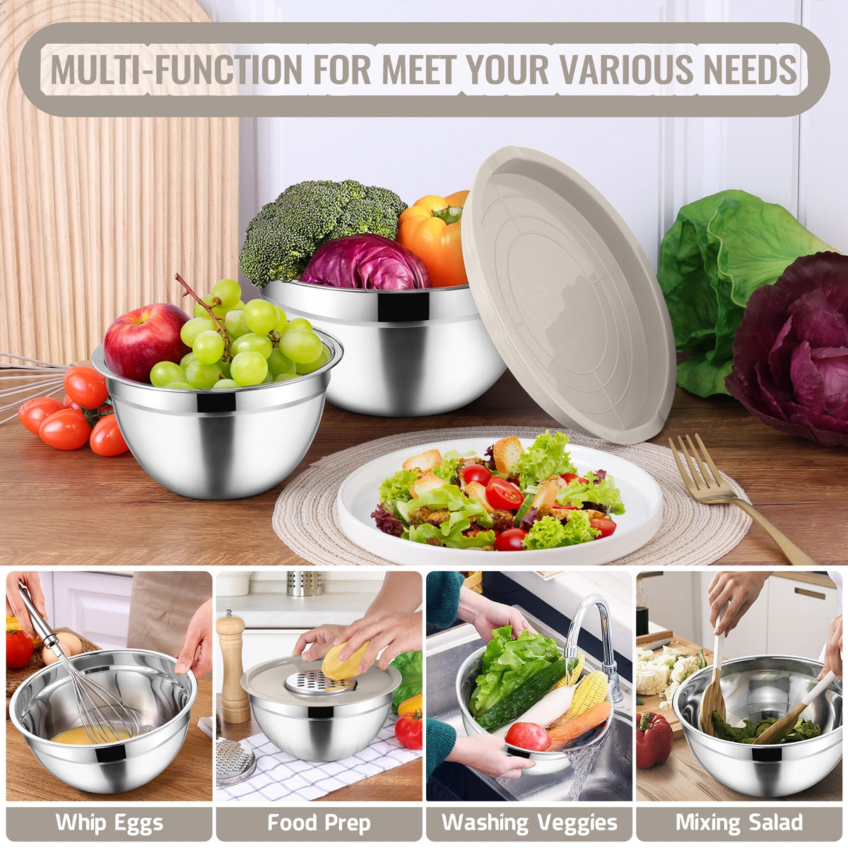 Mixing Bowls with Lids Set of 9, Vesteel Stainless Steel Mixing Bowls Metal Nesting Salad Bowls Attach with 3 Graters for Kitchen Grating/ Shredding, Size 4.6, 2.6, 2, 1.5, 1, 0.7 QT - Multi-Color
