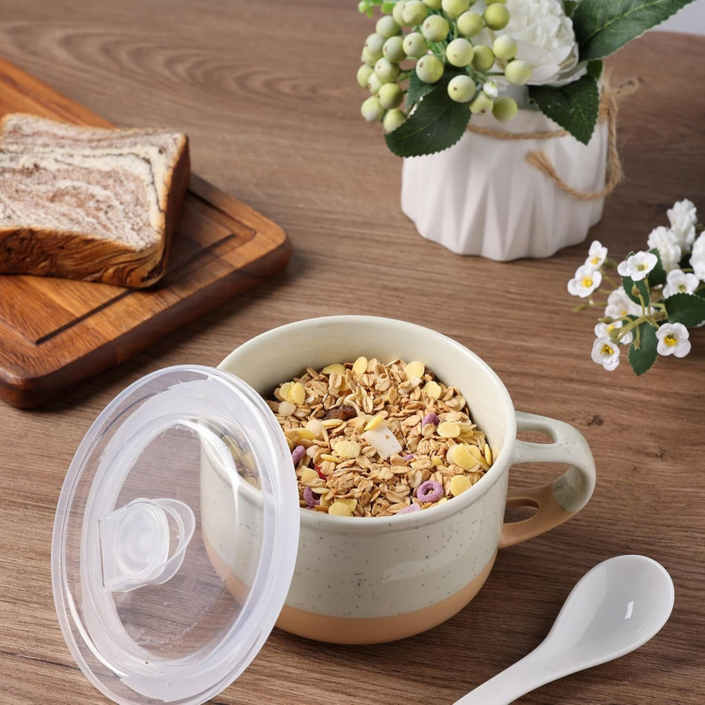 AmorArc Ceramic Soup Mugs with Handles and Lids,24 OZ Soup Cups Set of 2 with Terracotta Underside,Mug Bowls with Spoon for Soup/Cereal/Salad/Noodles/Ramen/Microware &Dishwasher Safe-White &Peach