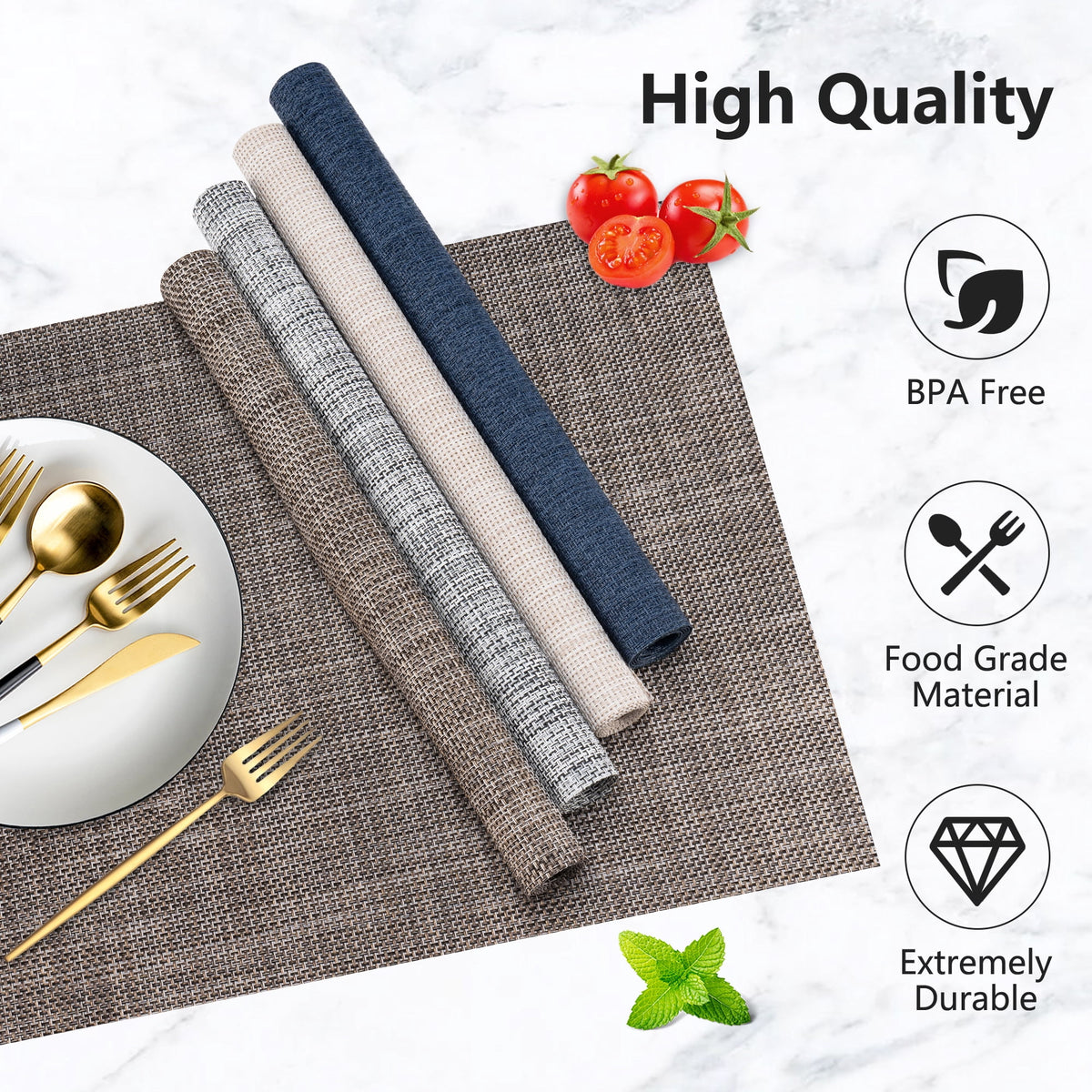 VCVCOO Navy Blue Placemats Set of 4 - Easy Clean Washable PVC Vinyl Placemats - Wipeable Heat Resistant Woven Table Mats for Dining Table - 12x18 inch